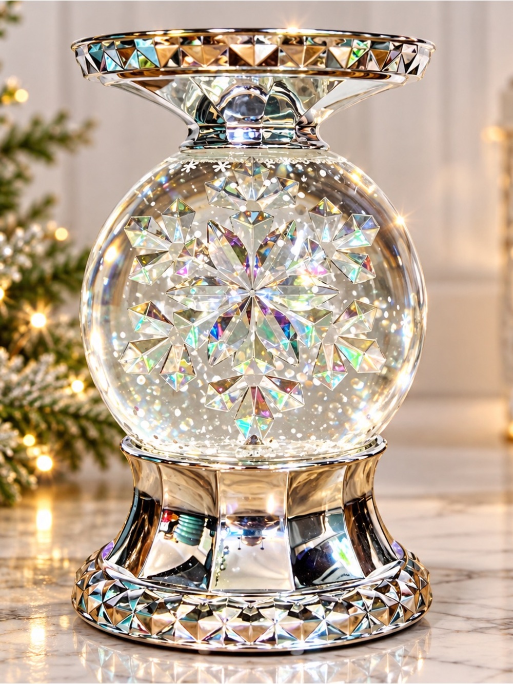 BATH & BODY WORKS SnowGlobe SPINNING SNOWFLAKEPedestal 3-Wick Candle Holder
